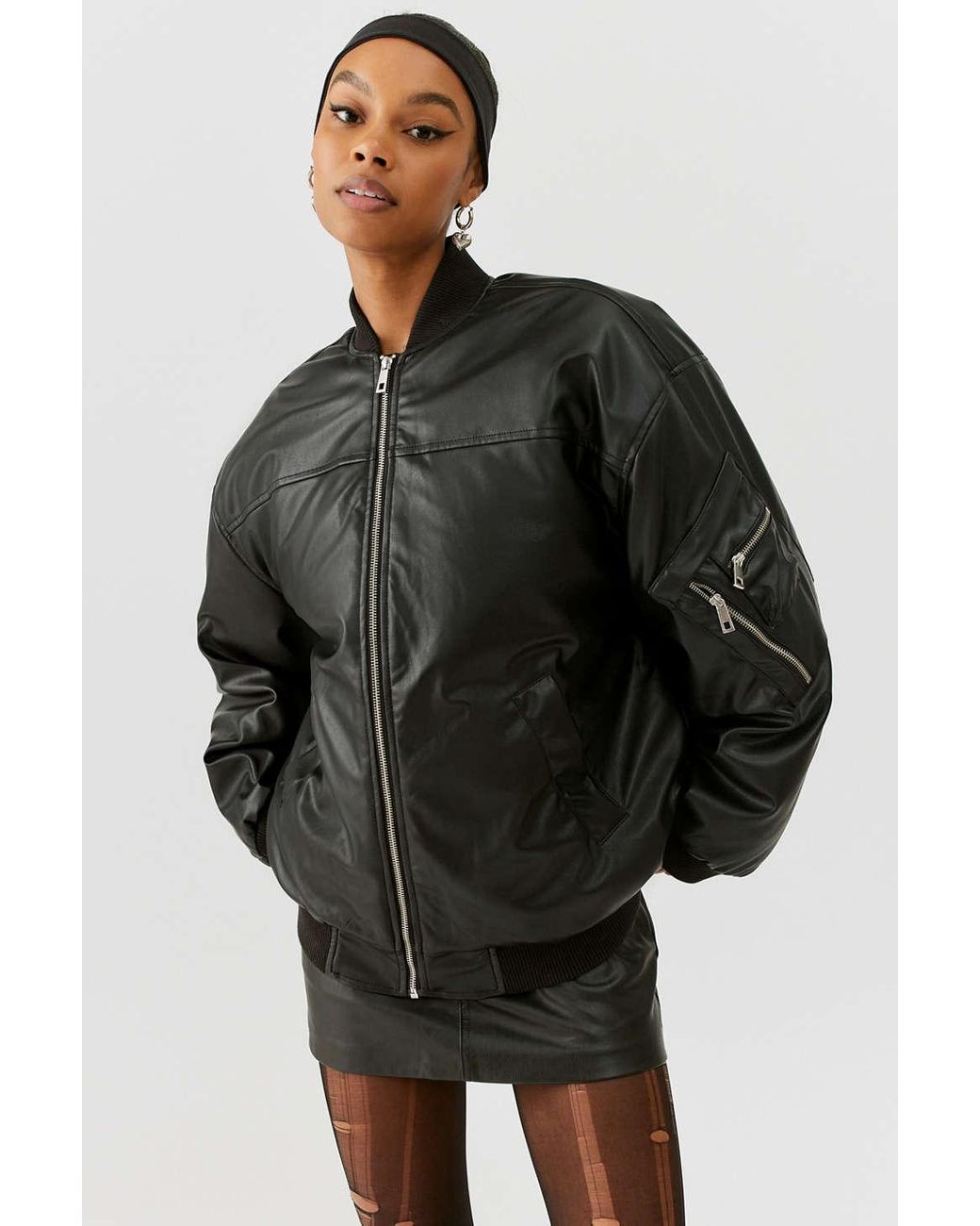 BDG Marcy Faux Leather Oversized Bomber Jacket in Black | Lyst