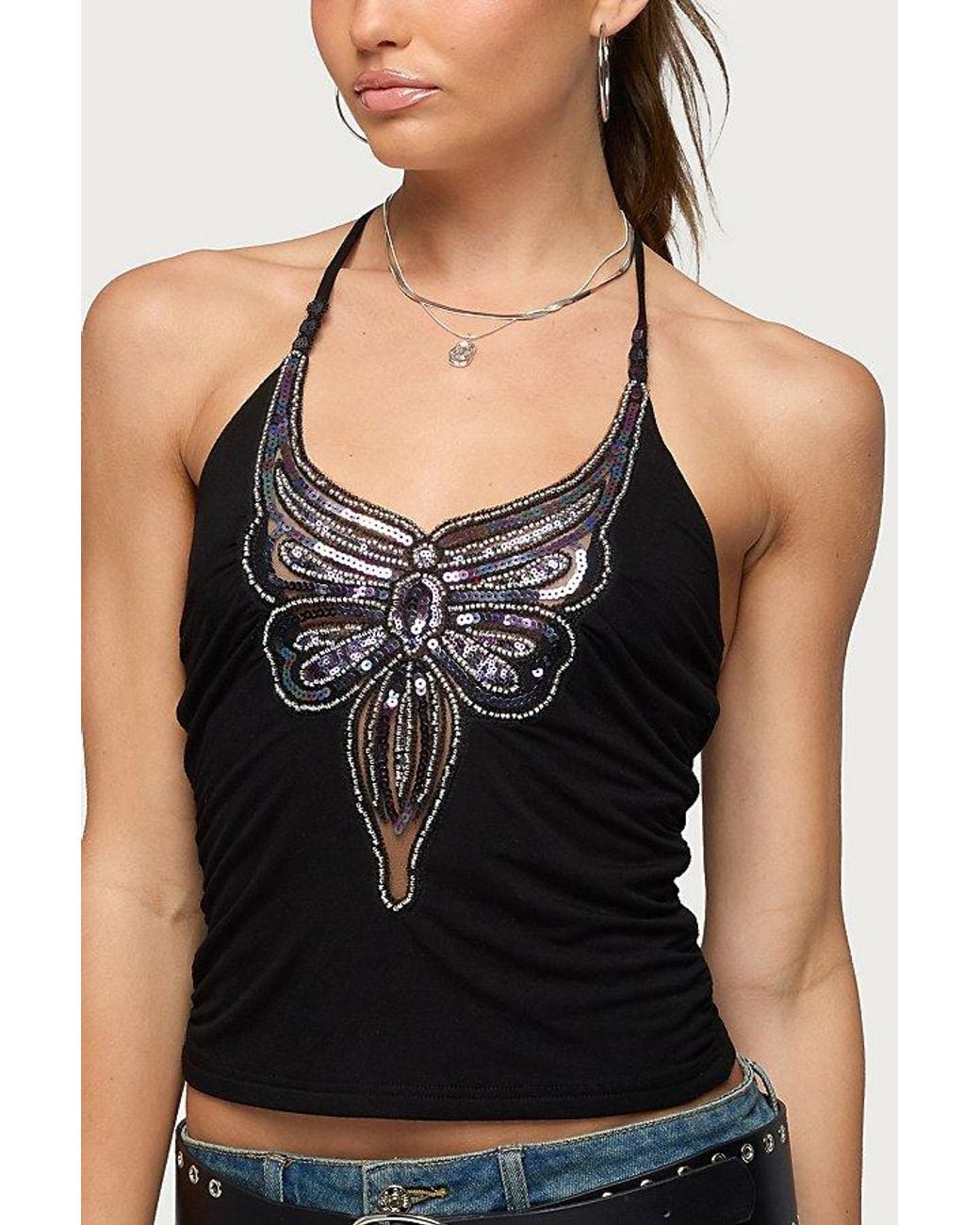 Edikted Black Butterfly Bead & Sequin Halter Top