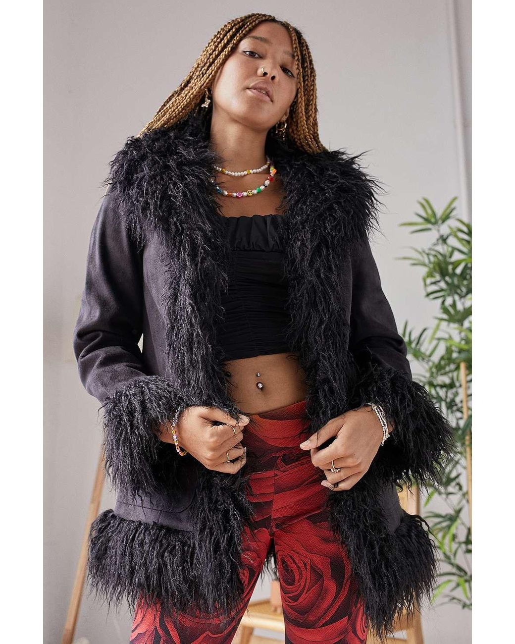 Black soft faux fur longline coat discount