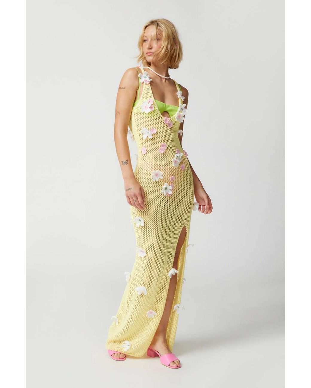 For Love & Lemons Corie Crochet Floral Maxi Dress in Metallic | Lyst