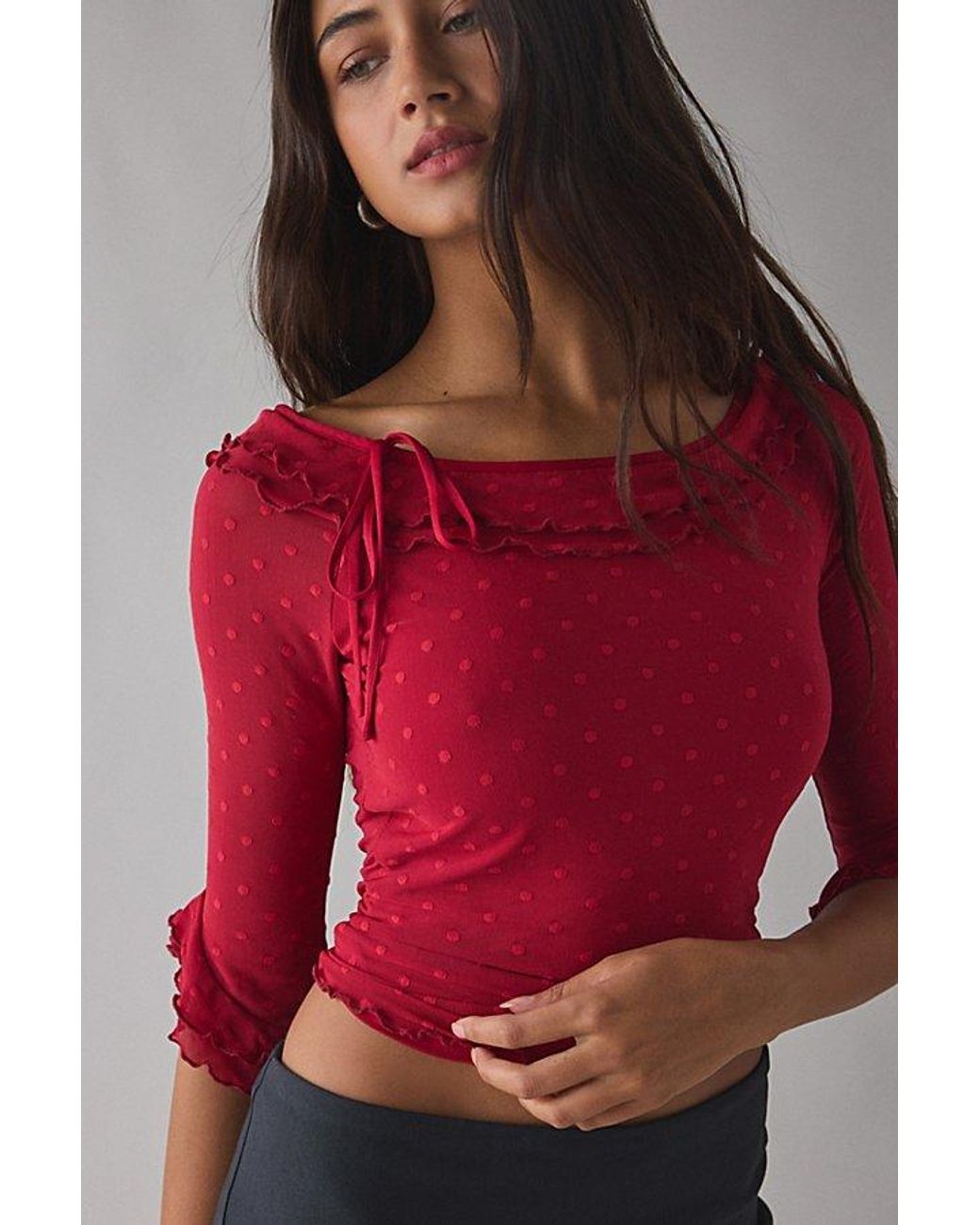 Kimchi Blue Rosalyn Polka Dot Mesh 3/4 Sleeve Boatneck Top in Red