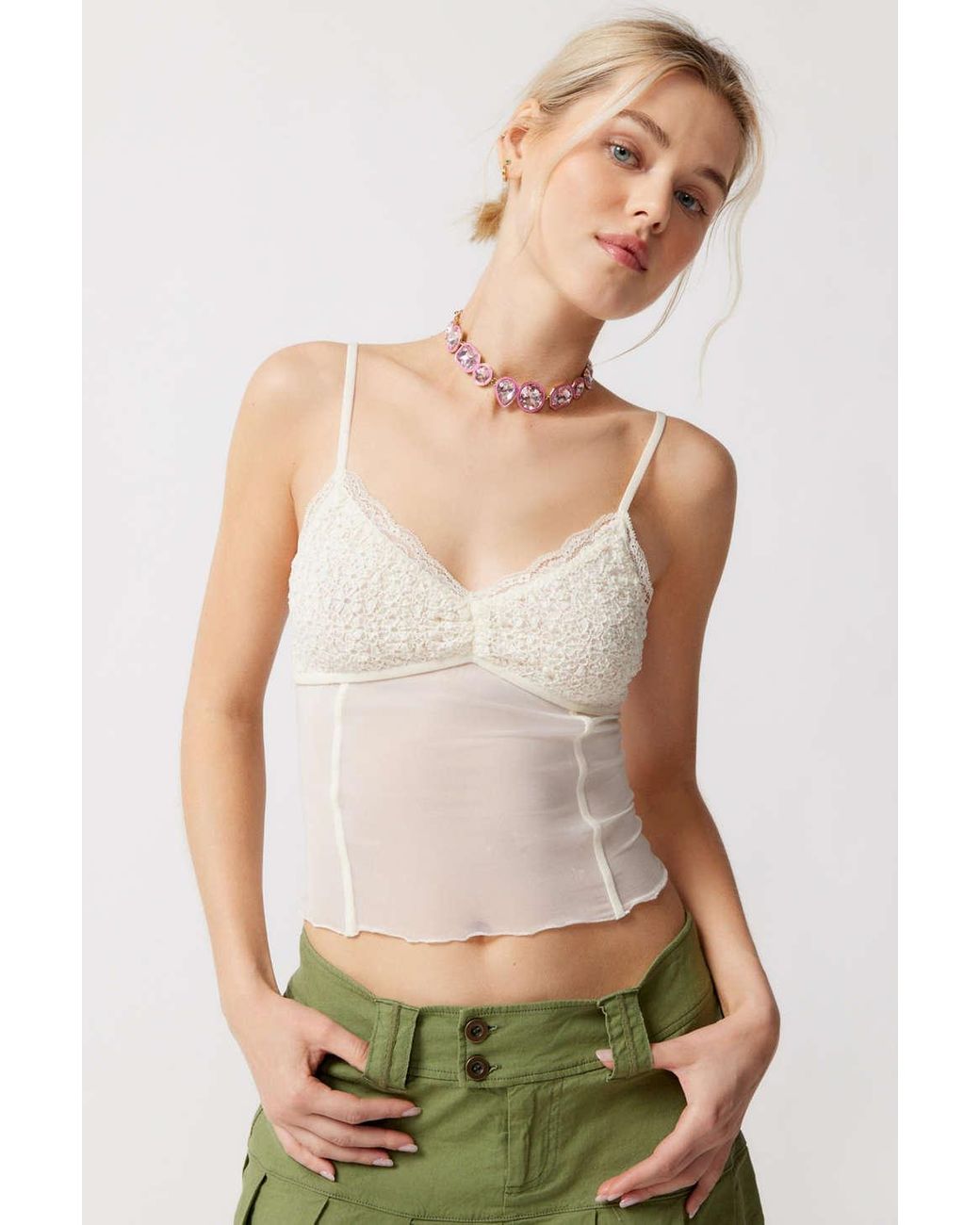 Urban Outfitters Uo Chelsea Semi sheer Lace Mesh Cami In White at Lyst