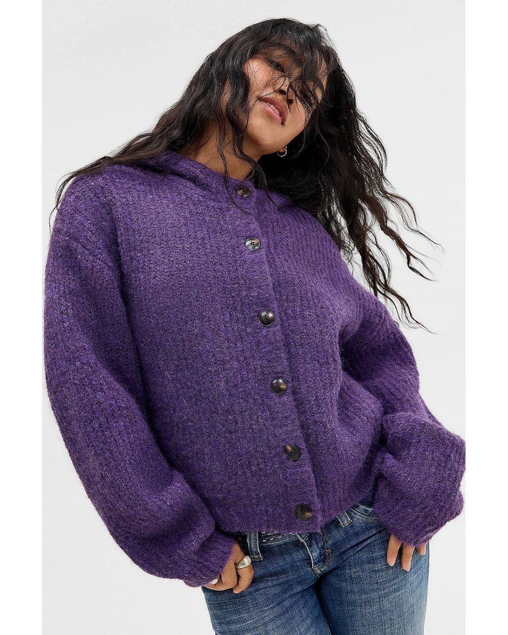 Urban Outfitters Purple Uo Indi Hooded Ribbed Cardigan