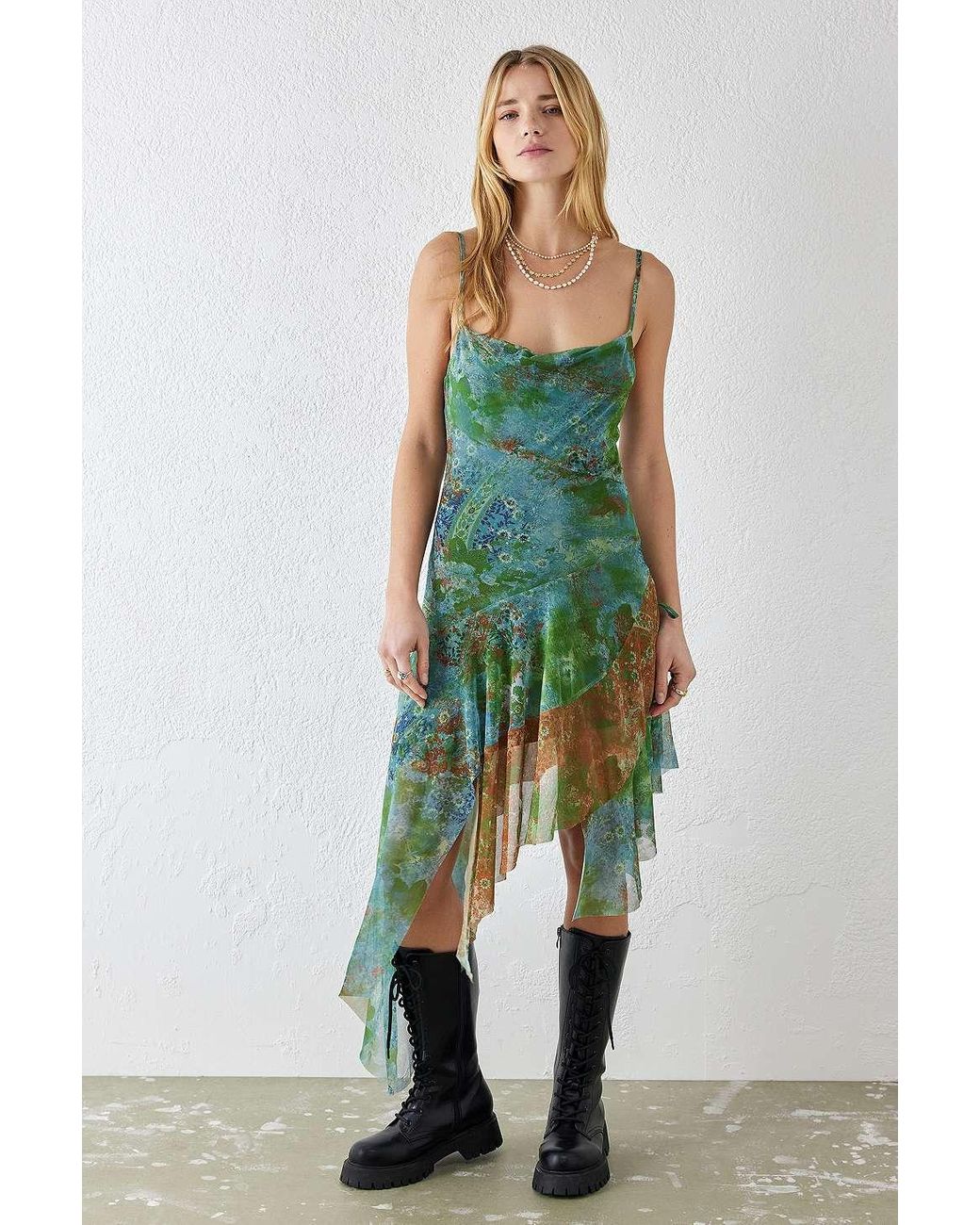 Urban Outfitters Uo Green Floral Phoebe Asymmetrical Mesh Midi Dress | Lyst  UK