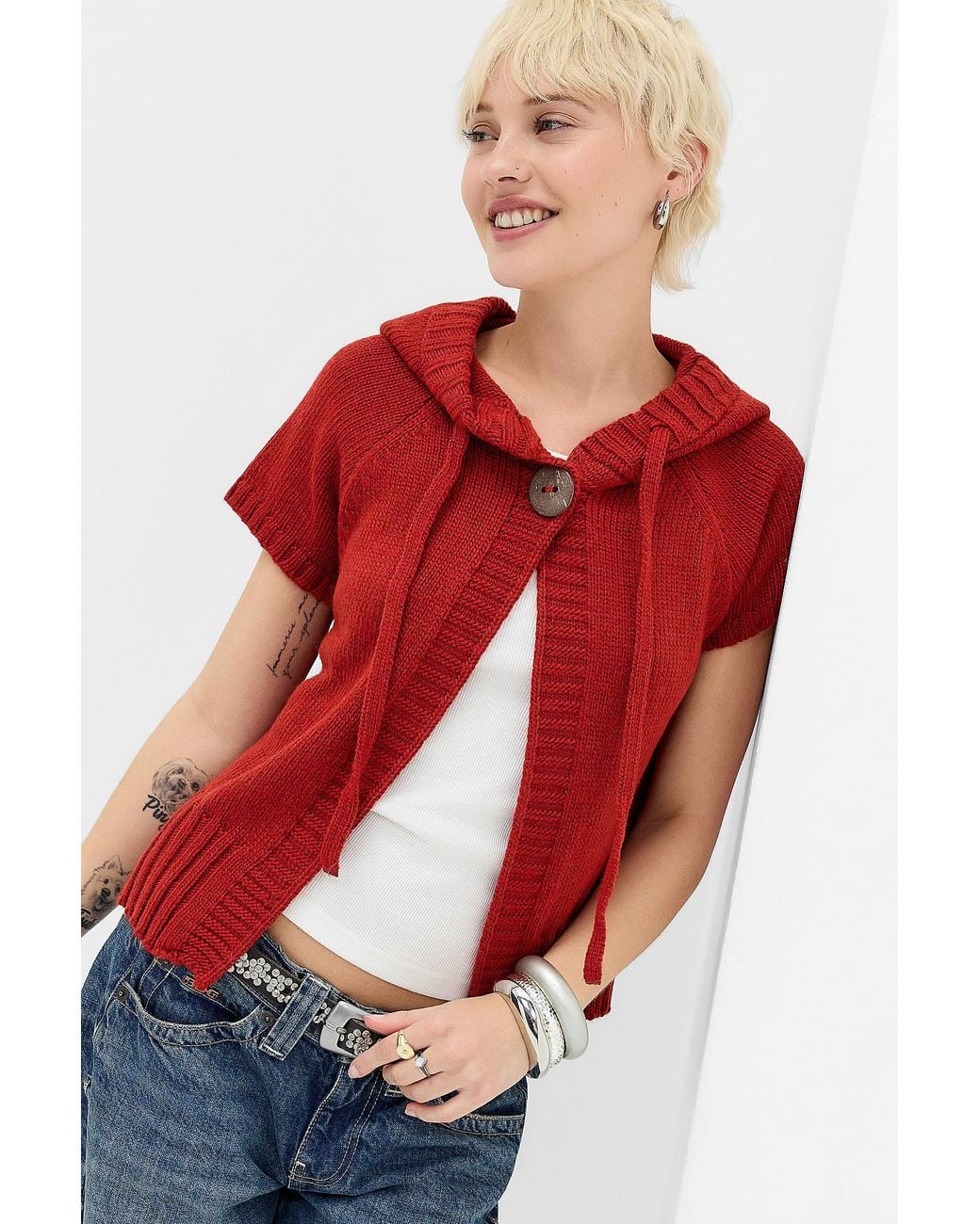 BDG Red Short Sleeve Knit Hoodie