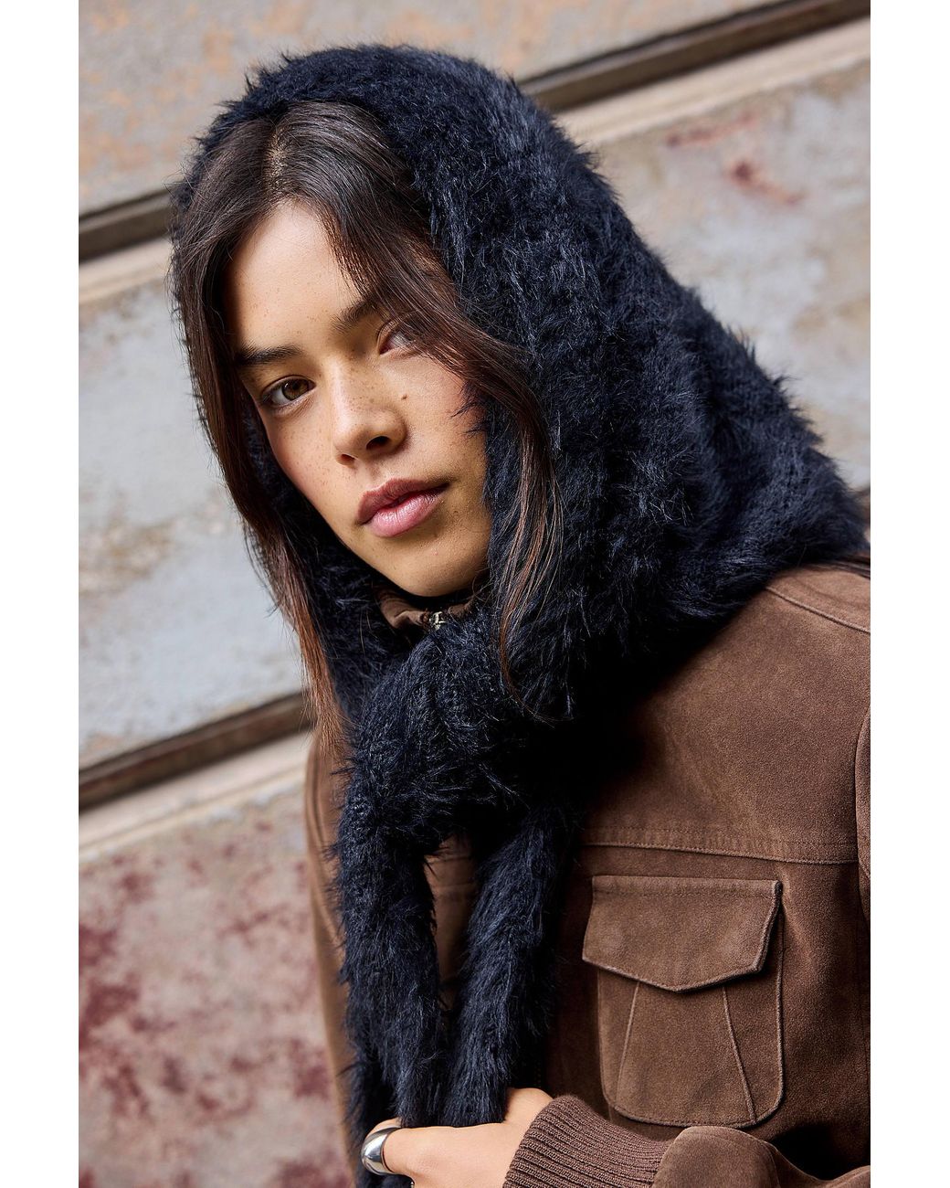 Urban Outfitters Blue Uo Triangle Fluffy Scarf Hood
