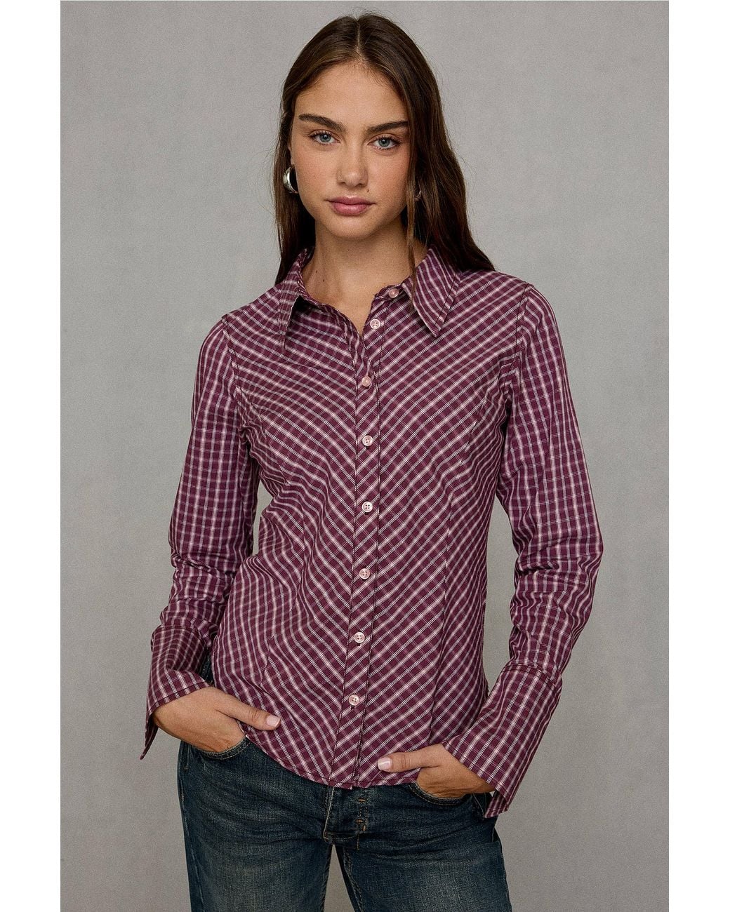 Urban Outfitters Purple Uo Leilani Check Slim Bias Cut Shirt