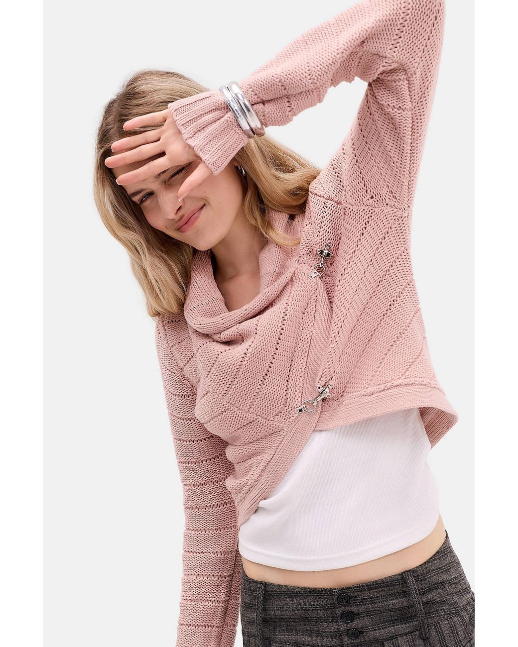 Urban Outfitters Pink Uo Asymmetric Clasp Cardigan