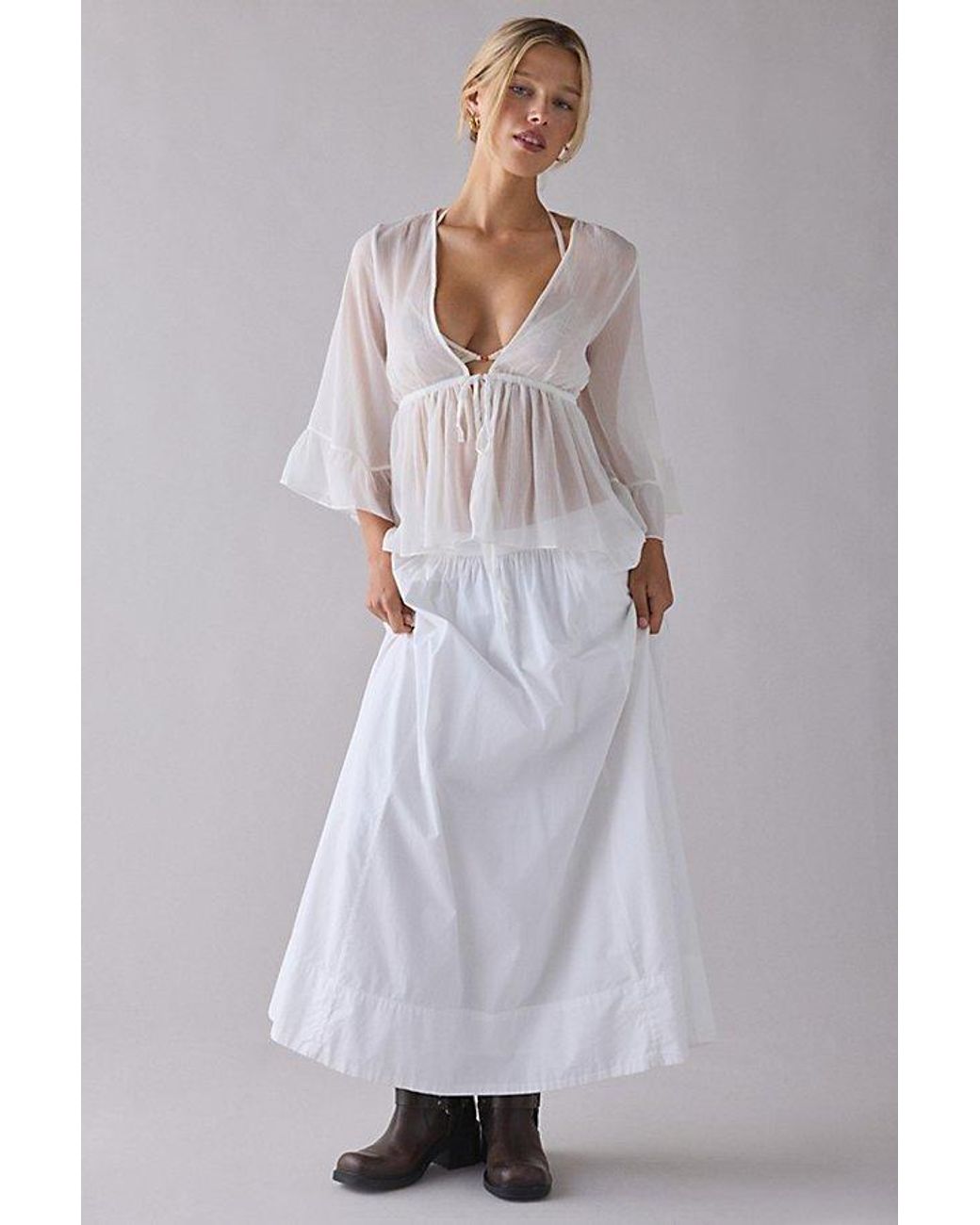 Urban Outfitters Uo Scarlett Sheer Chiffon Bell Sleeve Ruffle Bed Jacket in  Gray | Lyst