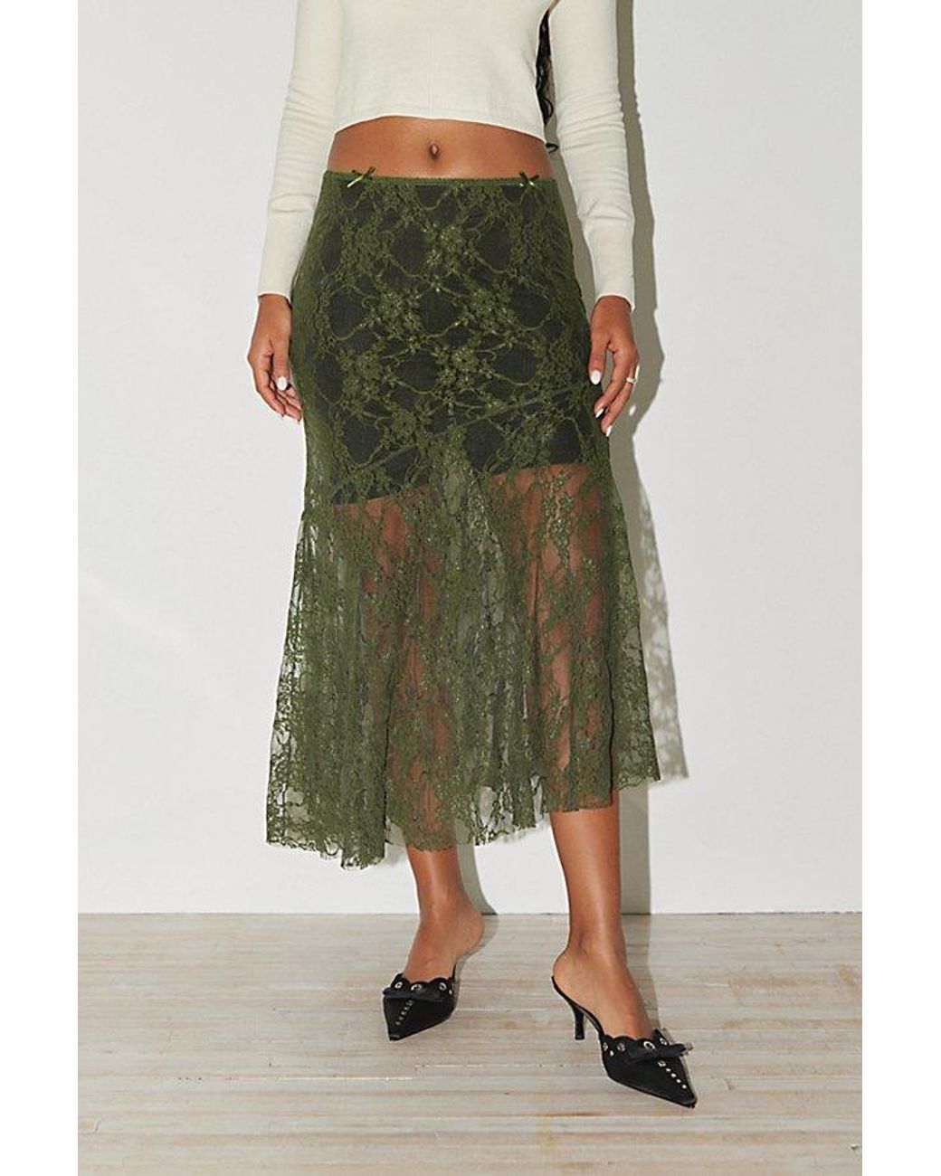 Jaded London Sheer Lace Midi Skirt in Green | Lyst