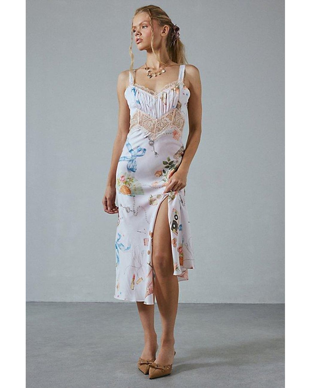 Kimchi Blue Liz Lace Trim Satin Slip Midi Dress in Gray | Lyst