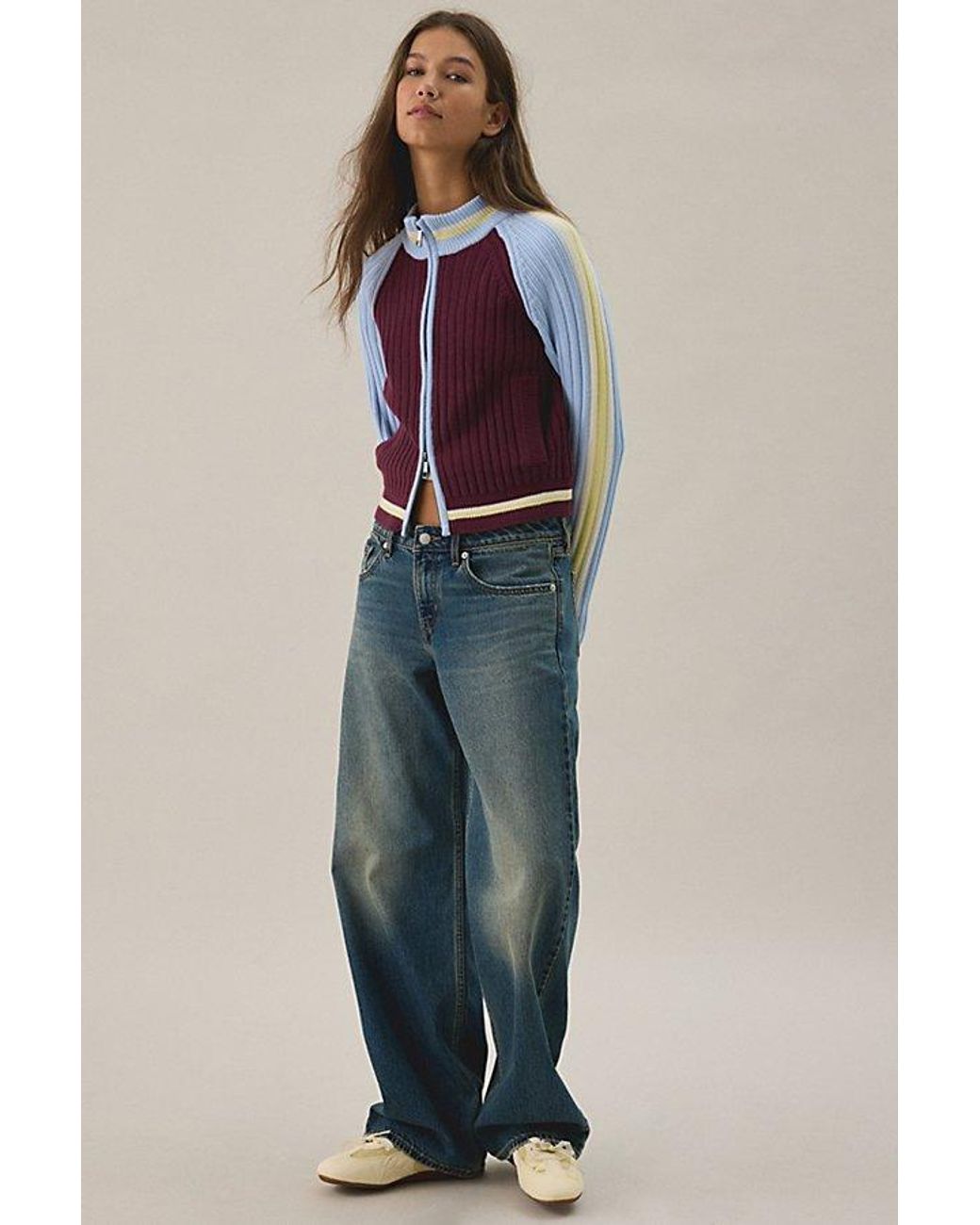 BDG Blue Ruby Ribbed Knit Mockneck Zip-Up Cardigan