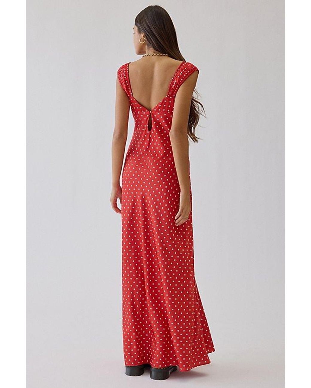 for love and lemons red polka dot dress For Love & Lemons Kiki Maxi Dress in Red