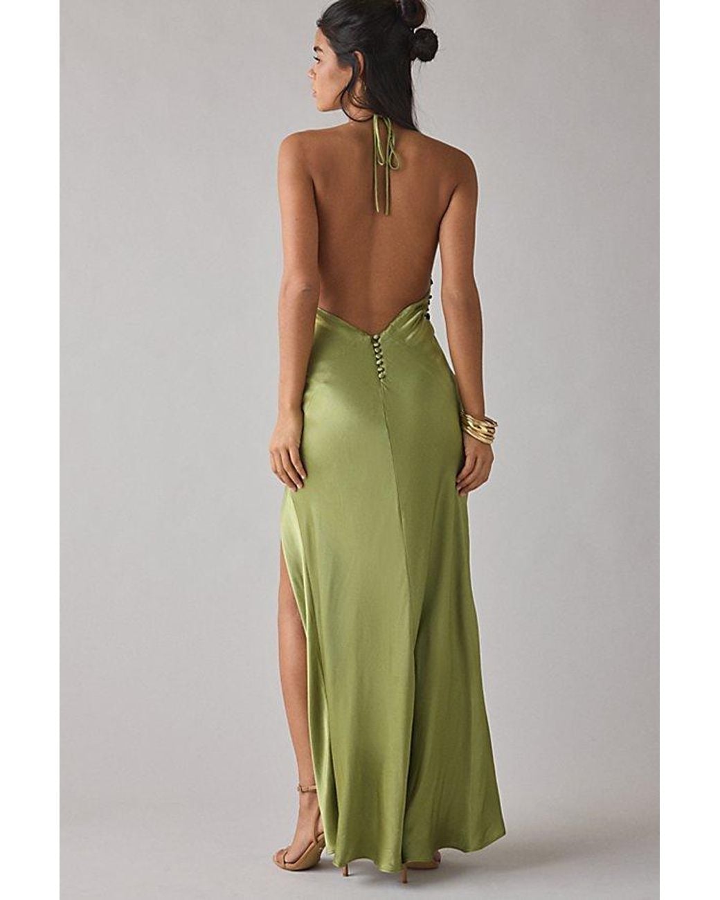 bardot yve v-neck halter open-back front-slit silky slip maxi dress Plunging Sequin + Satin in Green Category: friends-and-family