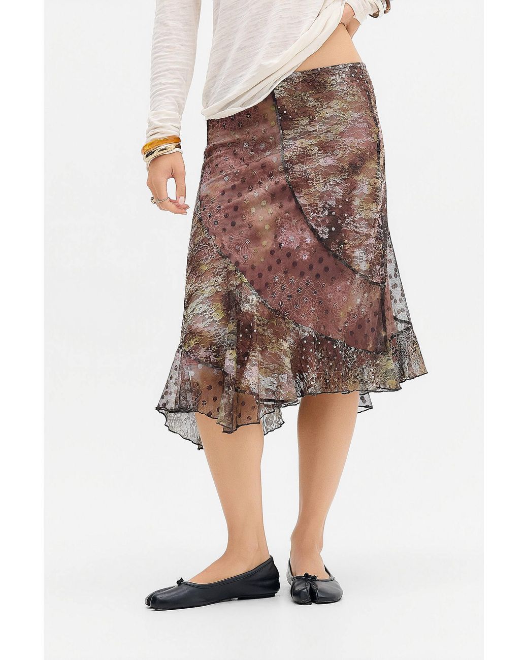 Urban Outfitters Red Uo Stevie Printed Mesh & Lace Midi Slip Skirt