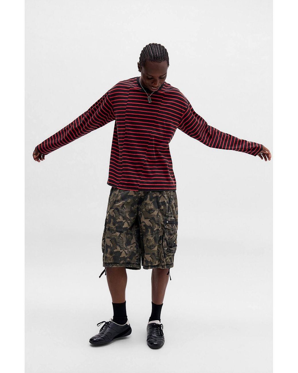 BDG Red Asymmetric Splice Stripe Long Sleeve Tee for men