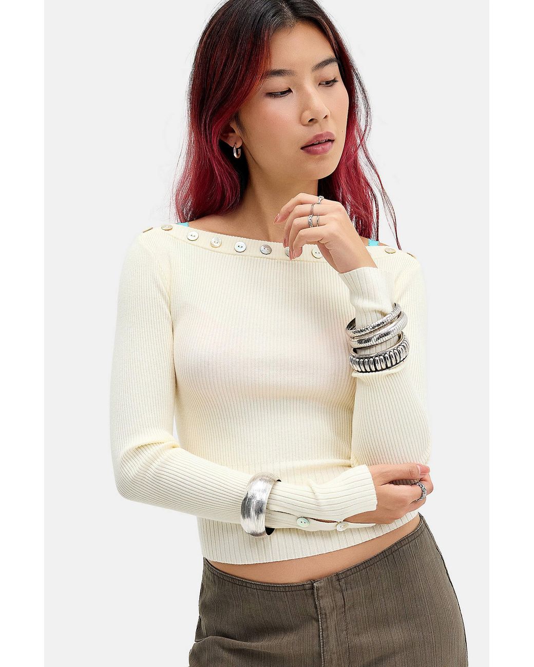 Urban Outfitters White Uo Shell Button Bardot Jumper