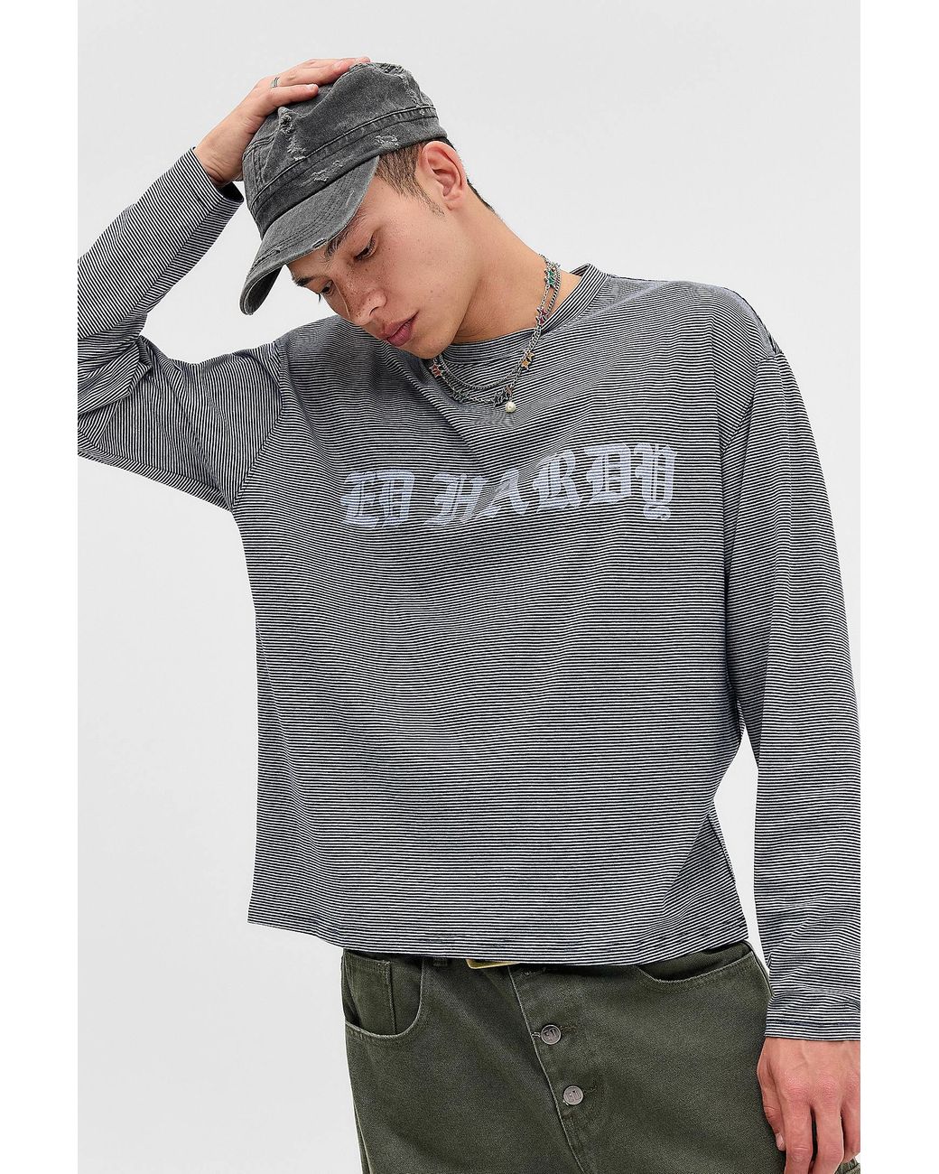Ed Hardy Gray Uo Exclusive Grey & Navy Stripe Long Sleeve Tee for men