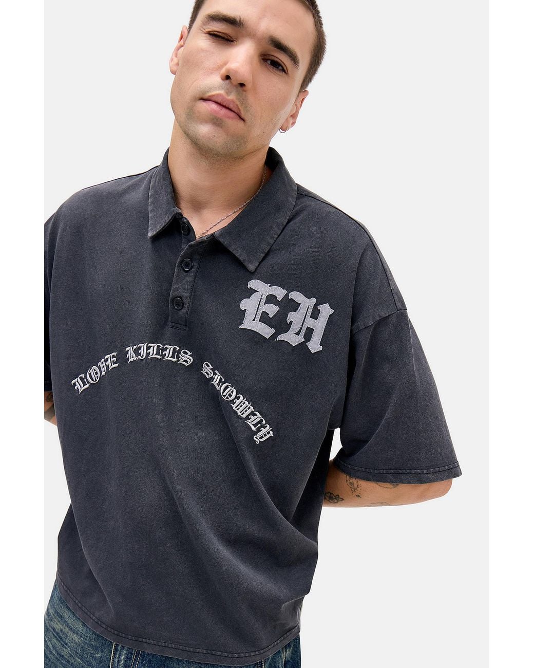 Ed Hardy Blue Uo Exclusive Black Gothic Polo Shirt for men