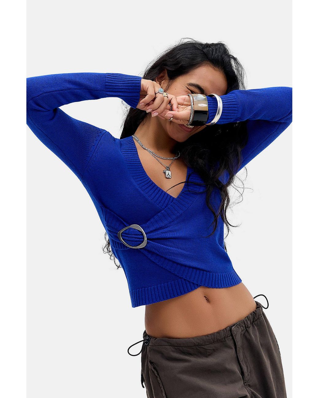 Urban Outfitters Blue Uo Harli Buckle Wrap Jumper