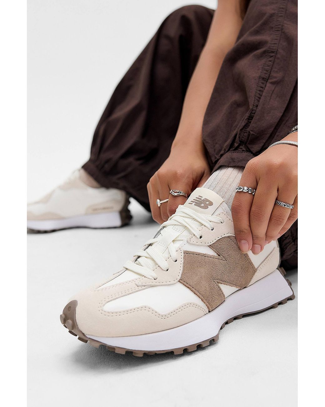 New Balance White & Brown 327 Trainers