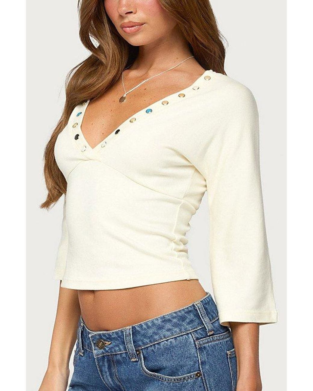 Edikted White Pali V Neck Gemstone Top