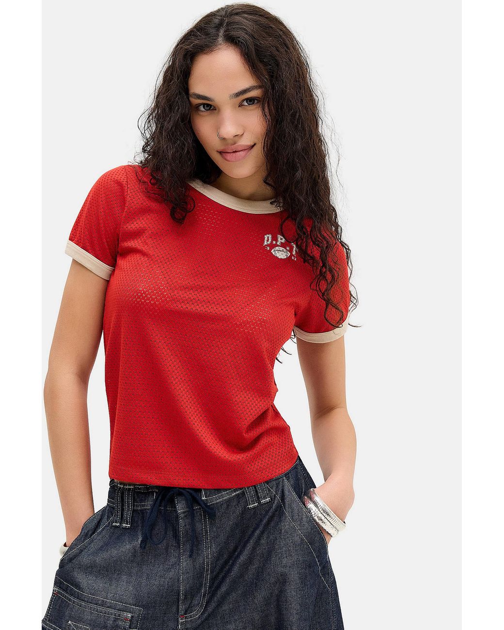 BDG Red Airtex Baseball Baby Tee