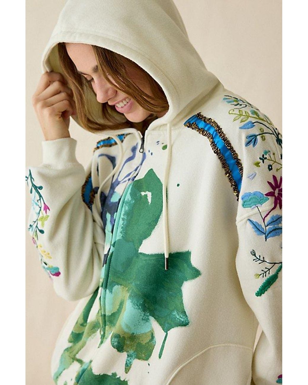 BDG Green Dusty Embellished Bloom Graphic Oversized Zip-Up Hoodie Sweatshirt