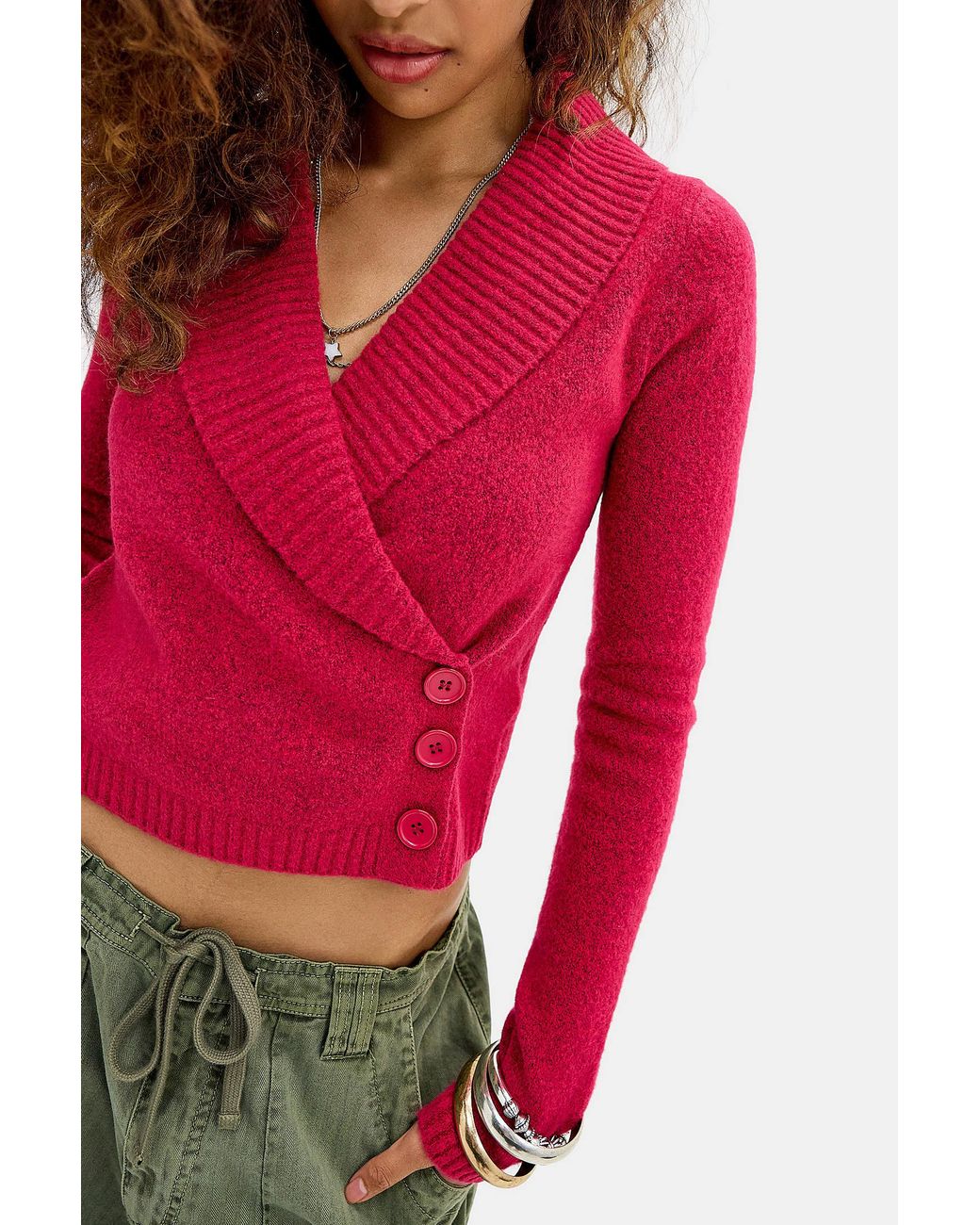 Urban Outfitters Red Uo Suki Button-through Wrap Cardigan