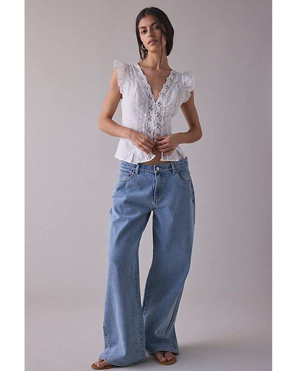 Kimchi Blue White Aurelia Lace Trim Flutter Sleeve Blouse