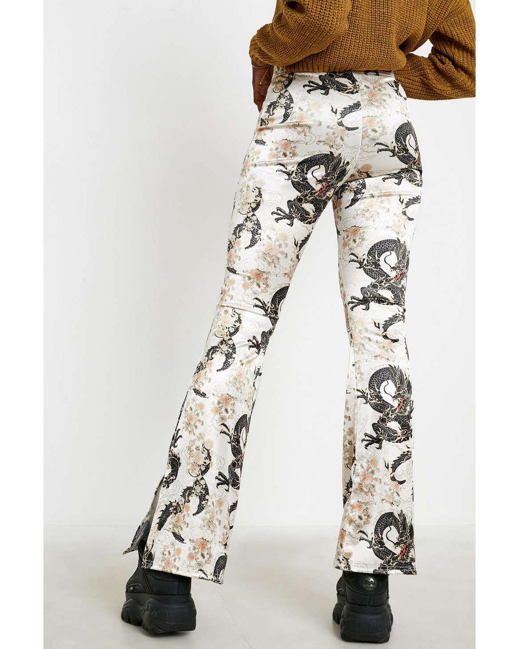 Uo Dragon Print Cream Satin Flare Pant 