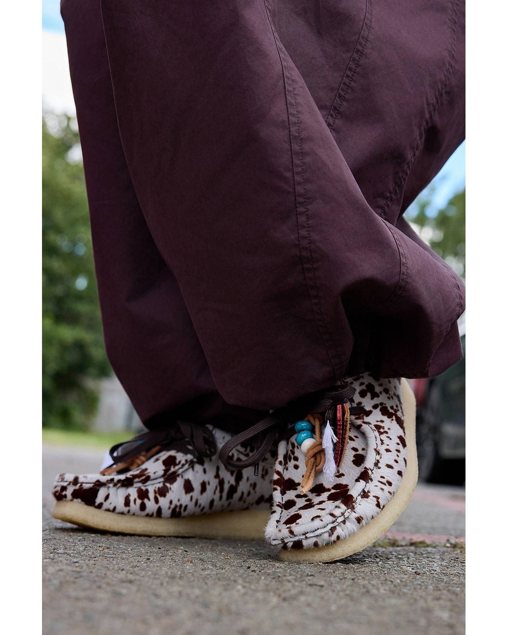 Clarks Purple Brown Cow Print Wallabee Shoes