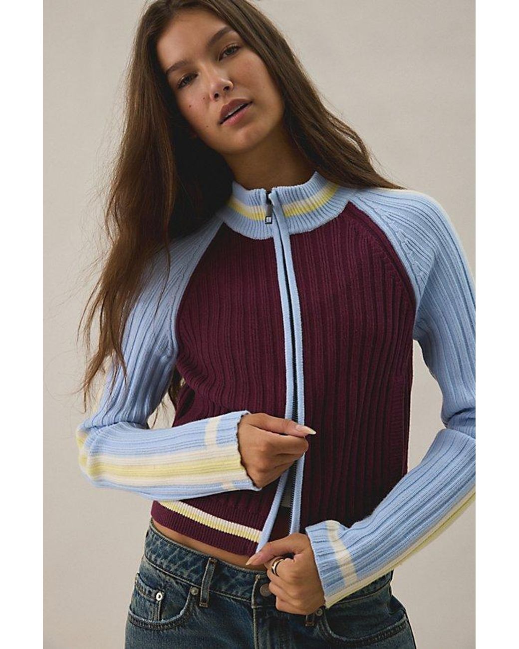 BDG Blue Ruby Ribbed Knit Mockneck Zip-Up Cardigan