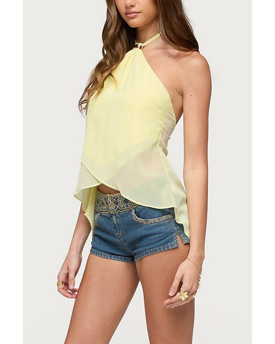 Edikted Yellow Chiffon Split Open Back Halter Top