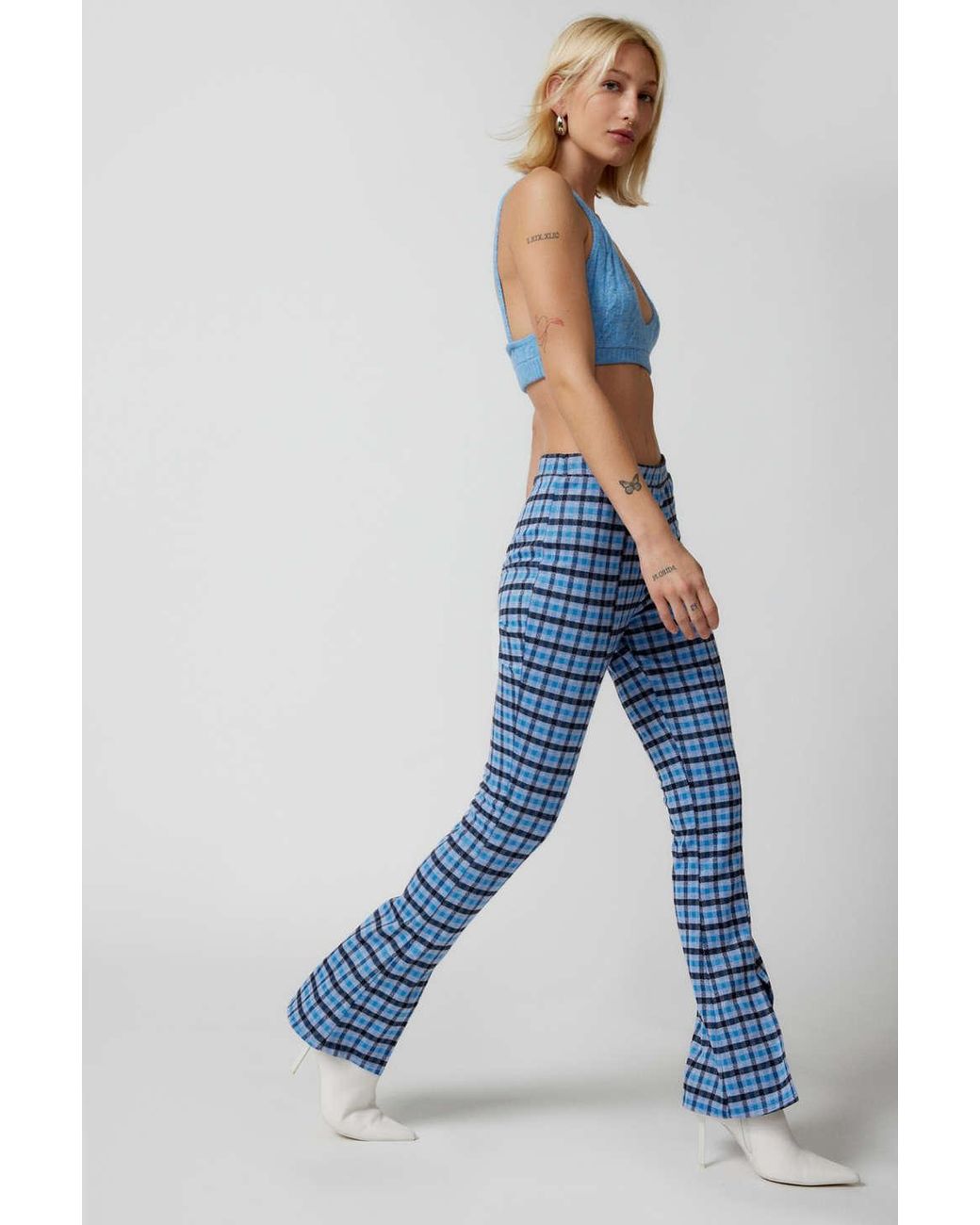 Urban Renewal Remnants Plaid Front Slit Flare Pant In Blue At Urban  Outfitters