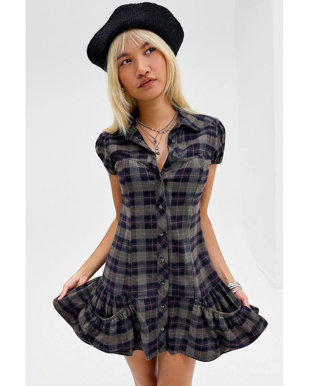 Kimchi Blue Blue Check Peplum Shirt Dress