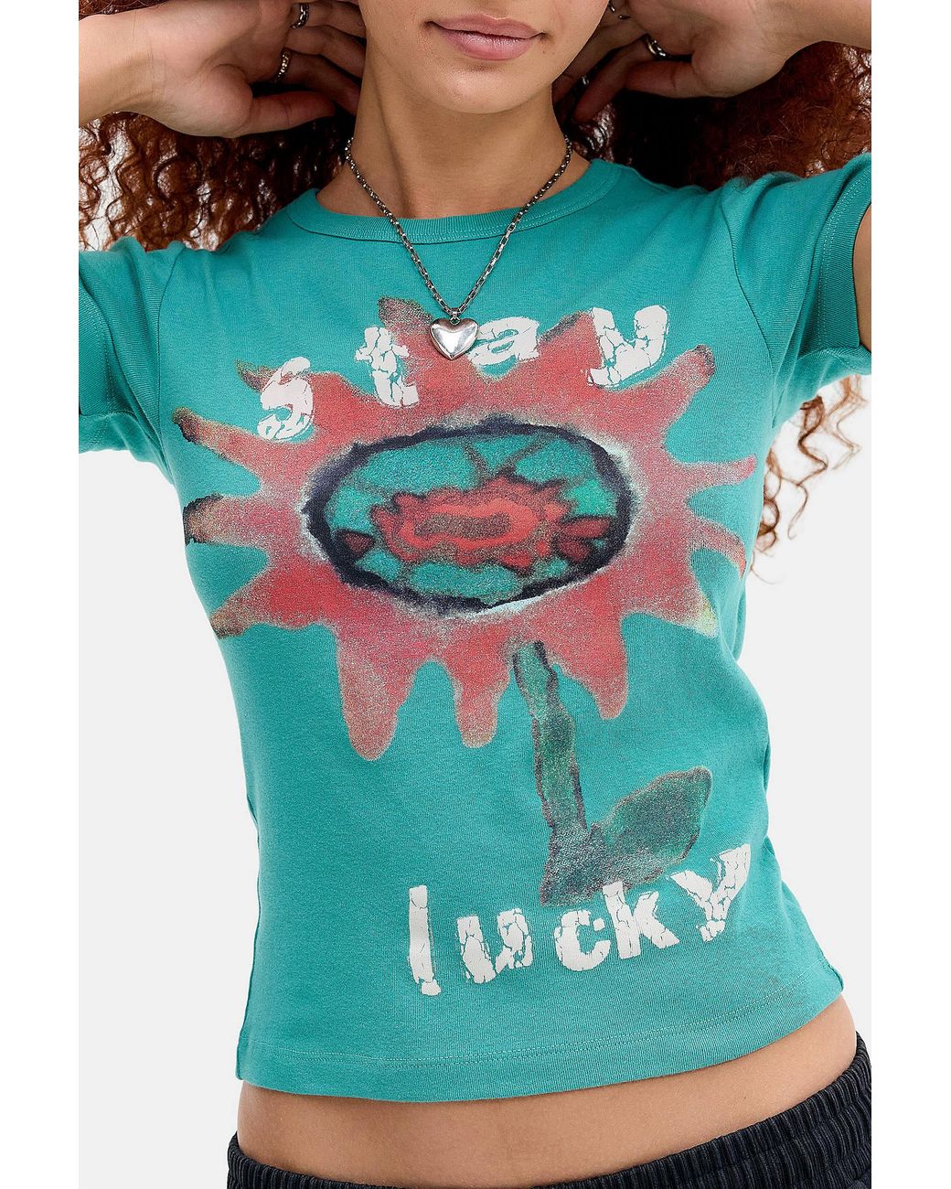 Urban Outfitters Blue Uo Stay Lucky Graphic Baby Tee