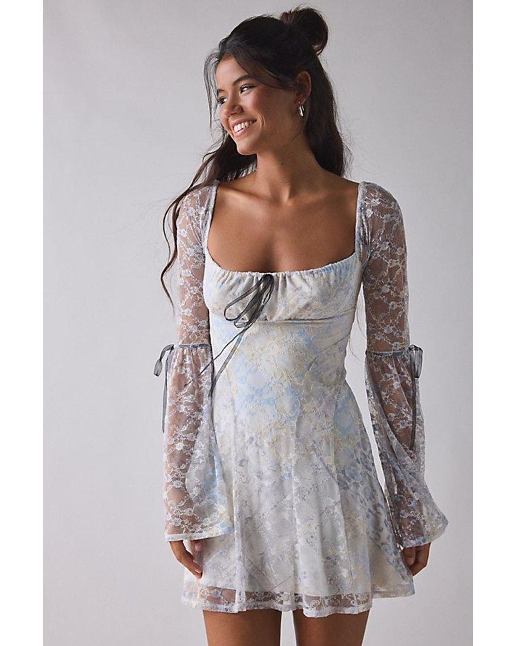 Kimchi Blue Alina Ribbon Trim Lace Bell Sleeve Mini Dress in Gray