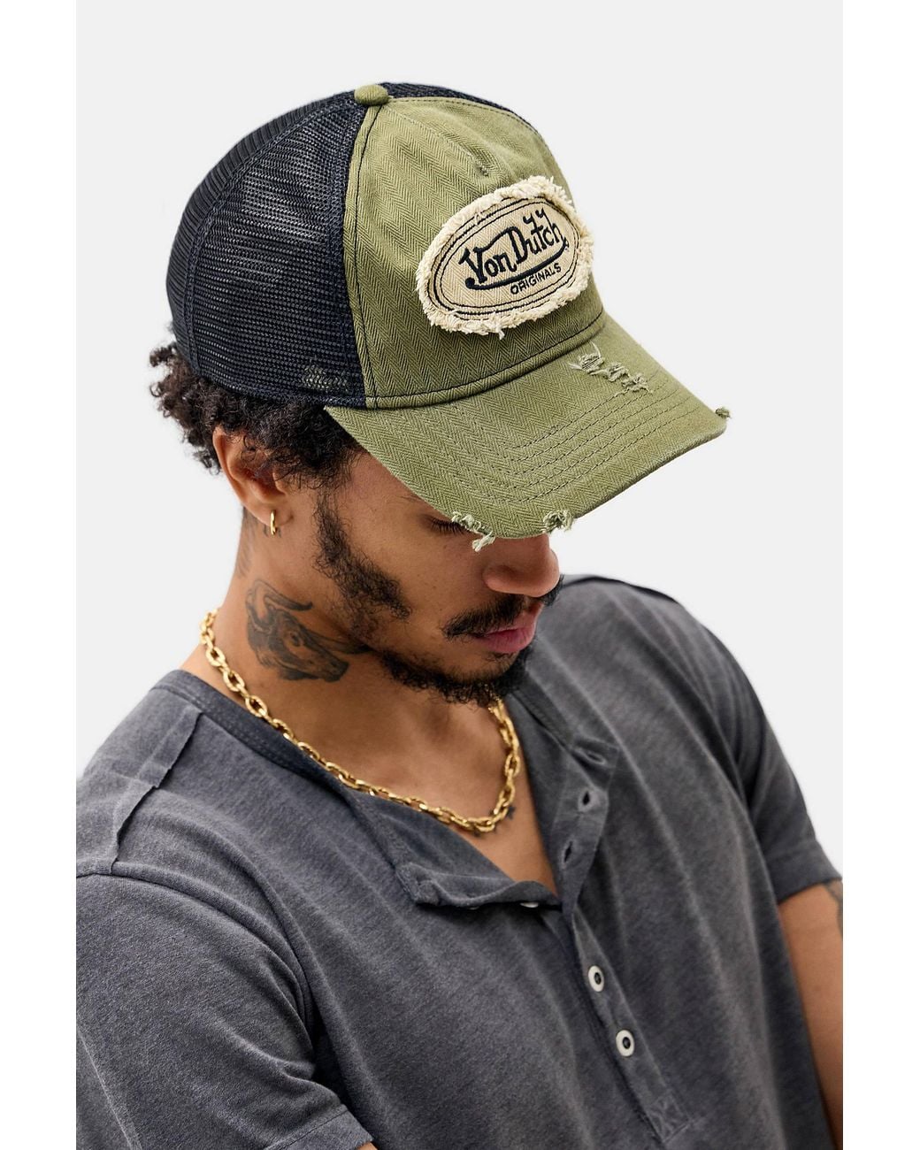 Von Dutch Green Khaki Herringbone Trucker Cap for men
