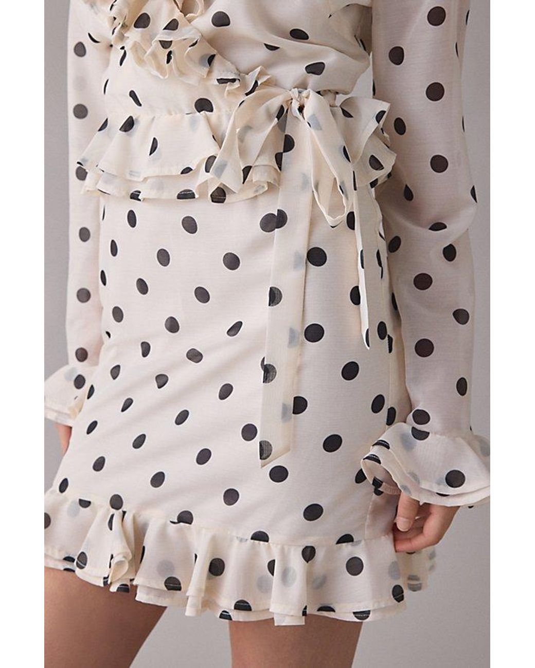 cream polka dot bardot frill sleeve draped midi dress Vila - Polka Dot Midi Dress - Women - Polyester - 34 EU