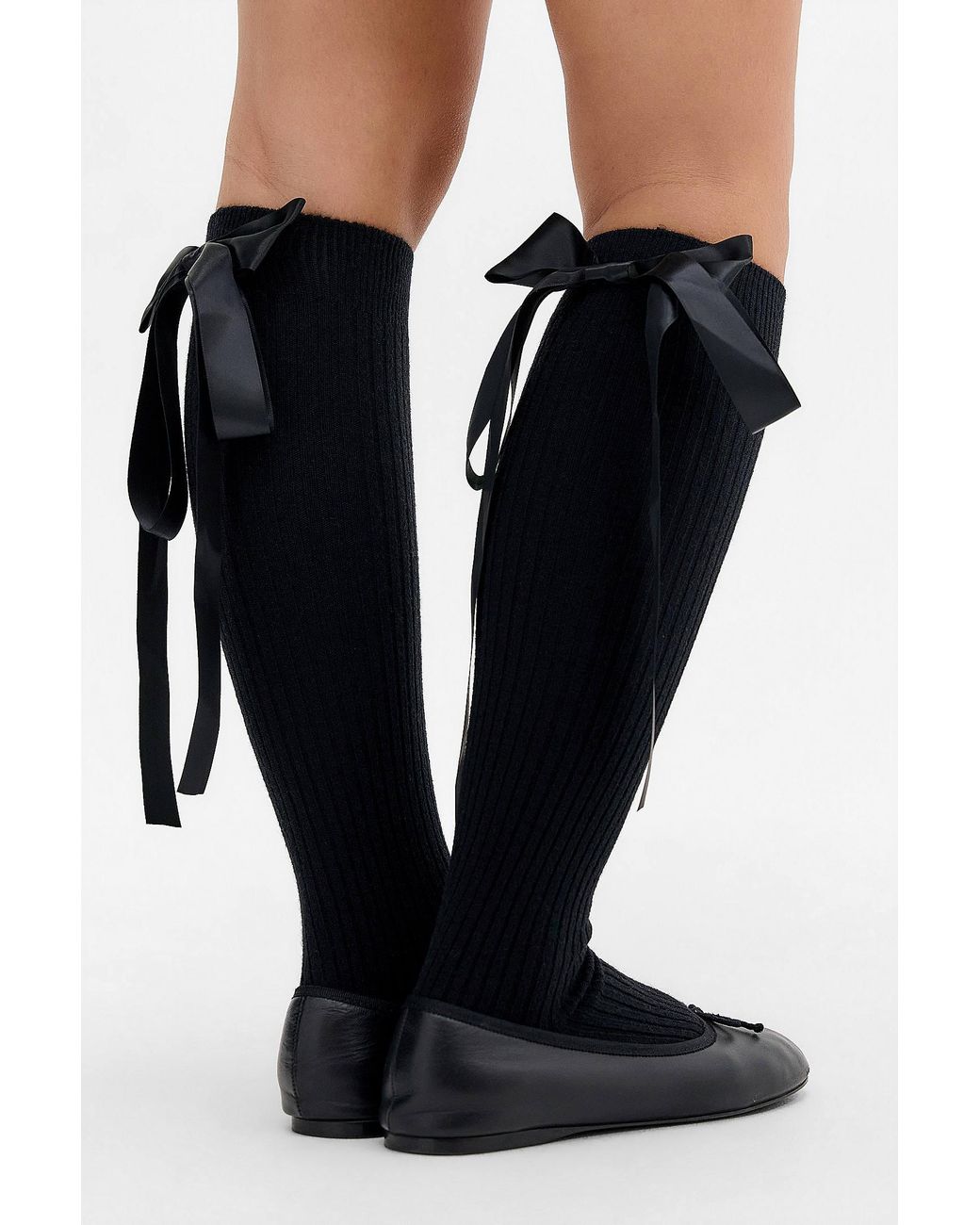 Out From Under Black Knee High Satin Bow Socks