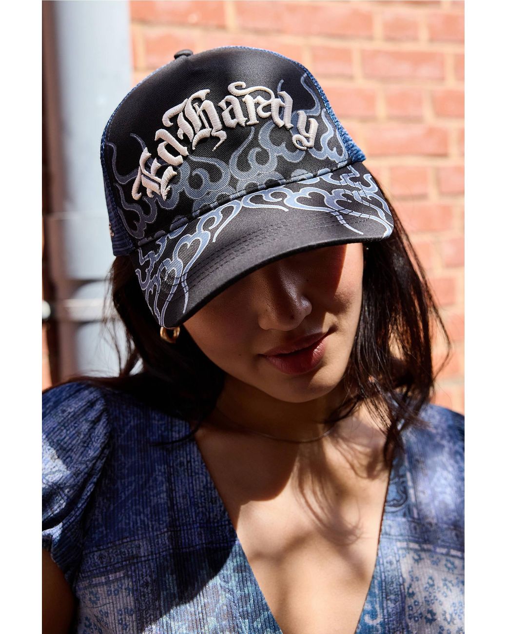 Ed Hardy Blue Flaming 5 Panel Trucker Cap