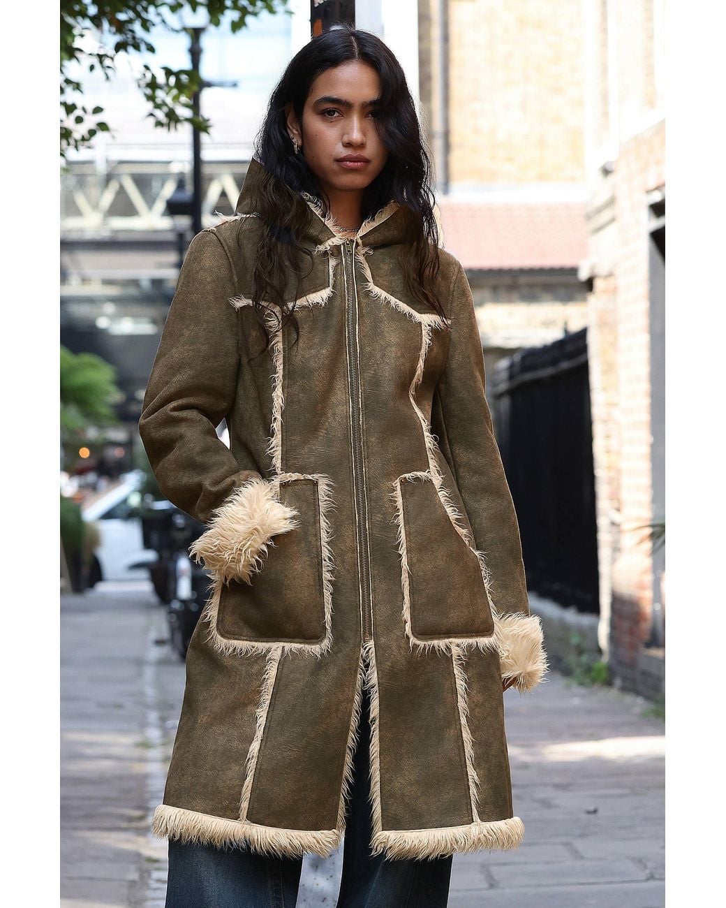Urban Outfitters Natural Uo Alyssa Fur Trim Hooded Midi Coat Jacket