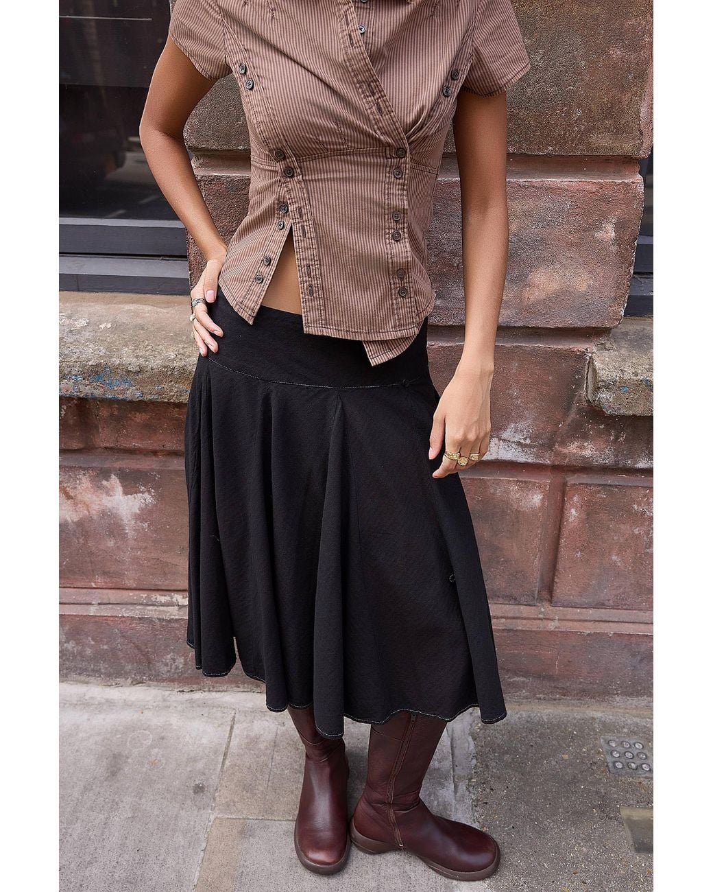 Urban Outfitters Black Uo Olga Contrast Hitched Midi Skirt