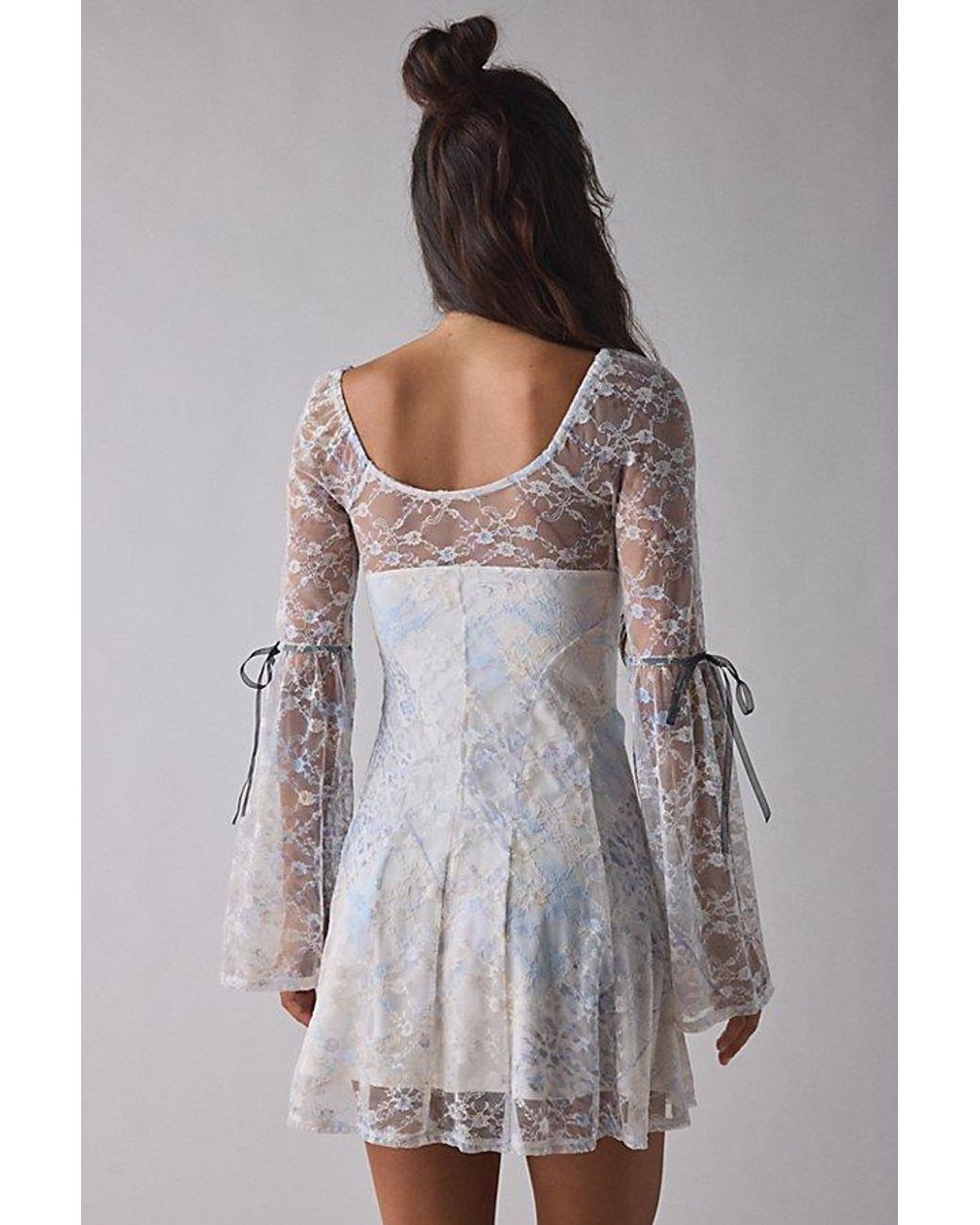 Kimchi Blue Alina Ribbon Trim Lace Bell Sleeve Mini Dress in Gray | Lyst