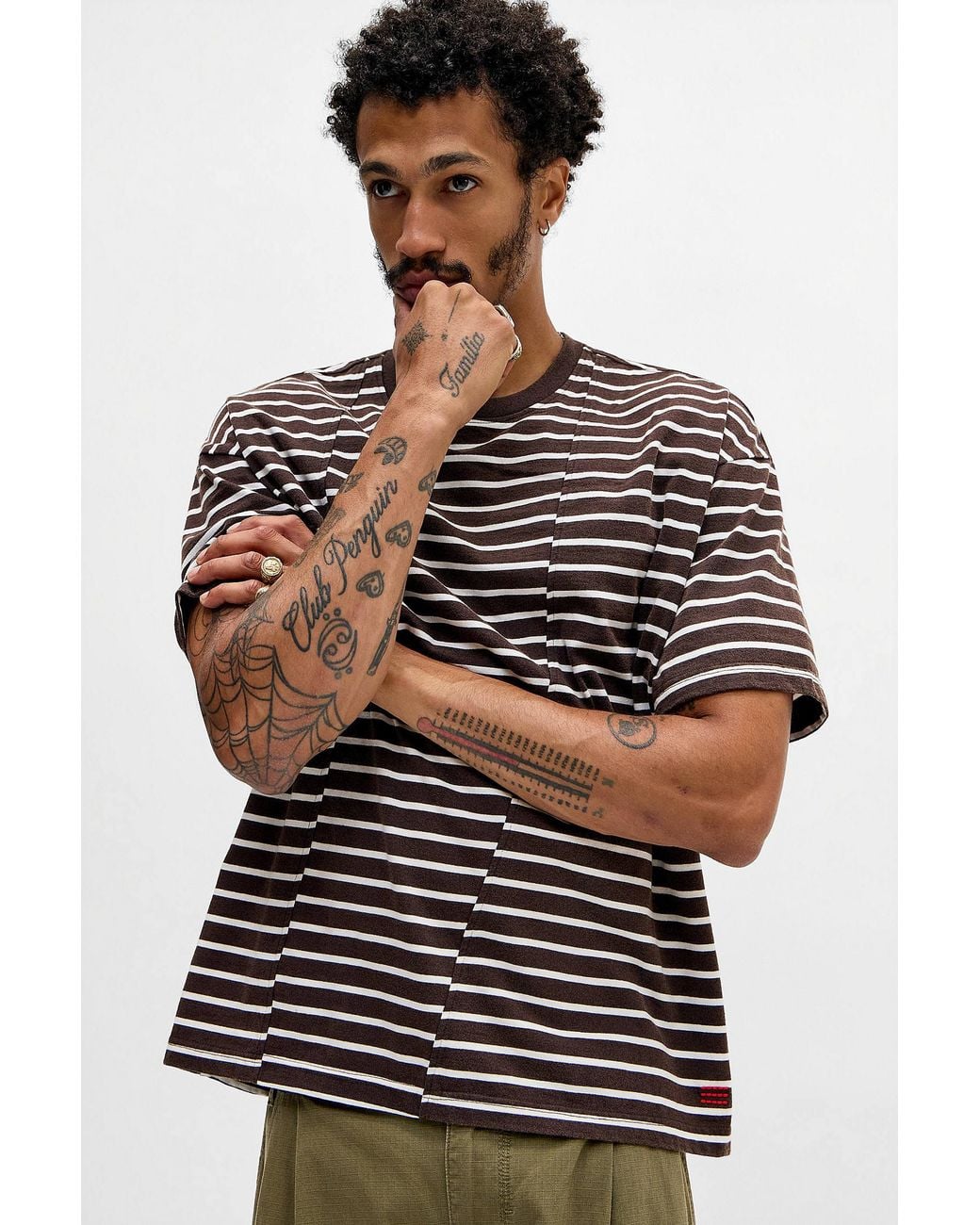 BDG Brown Asymmetric Spliced Stripe Tee for men