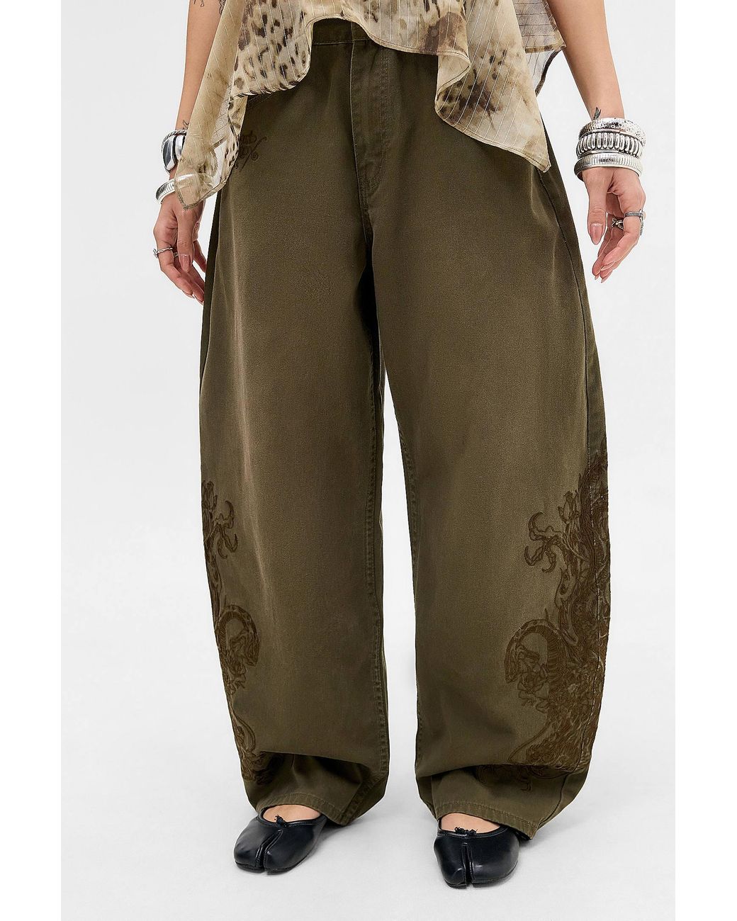 Ed Hardy Green Uo Exclusive Khaki Dragon Embroidered Cocoon Jeans