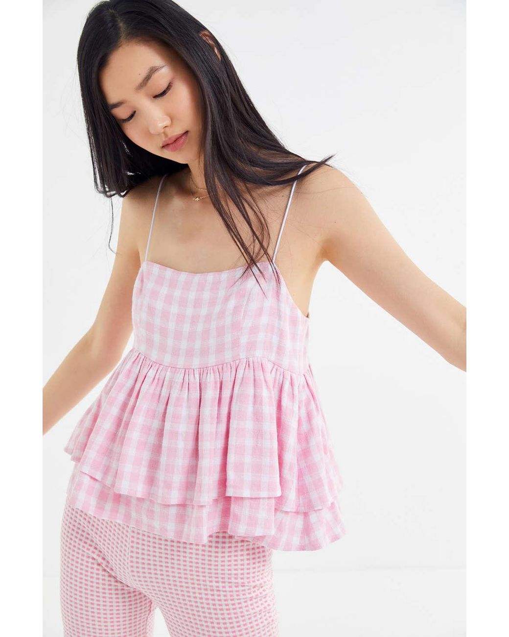 Urban Outfitters Uo Olivia Tiered Ruffle Babydoll Top in Pink | Lyst