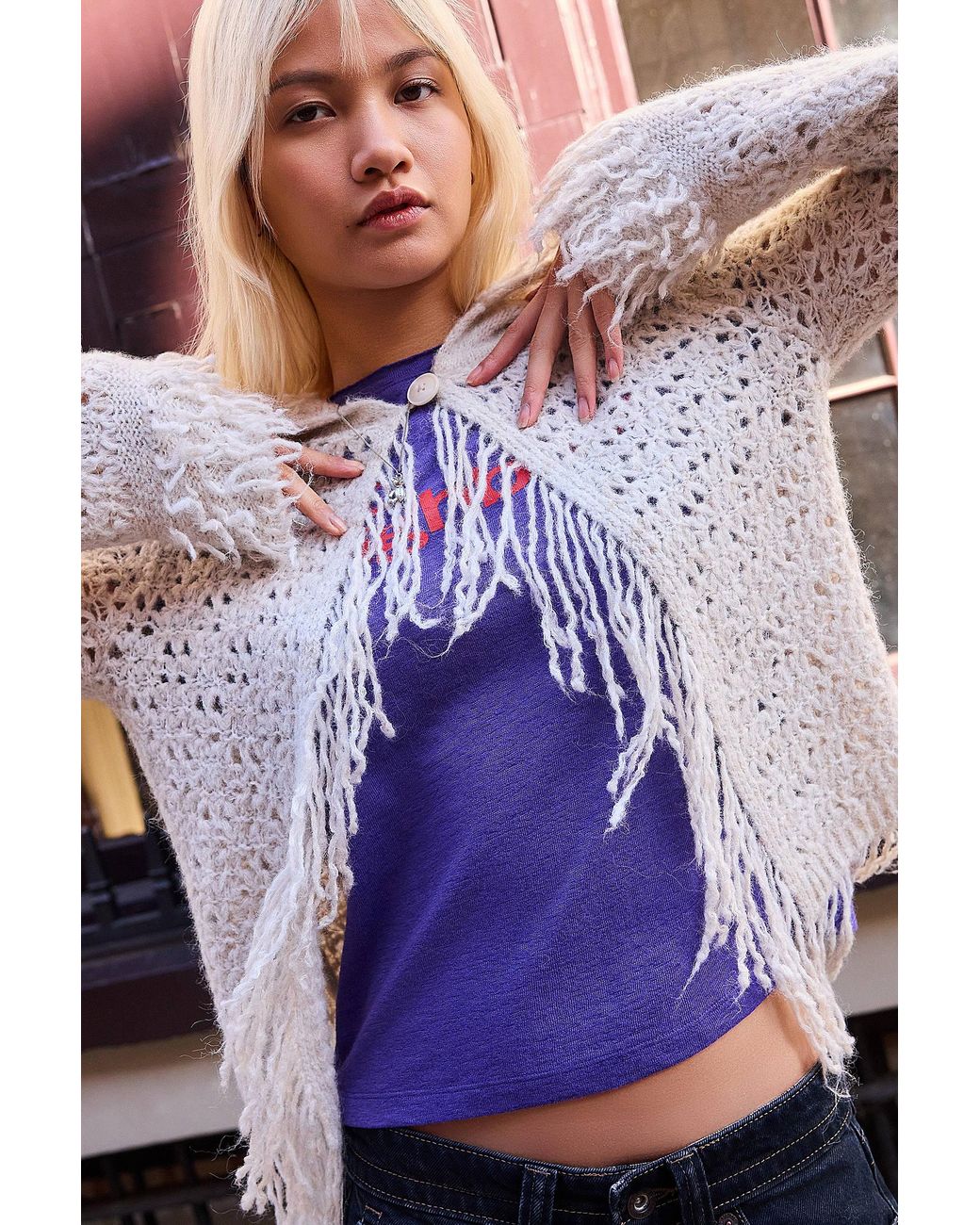 Urban Outfitters White Uo Pia Fringed Cardigan