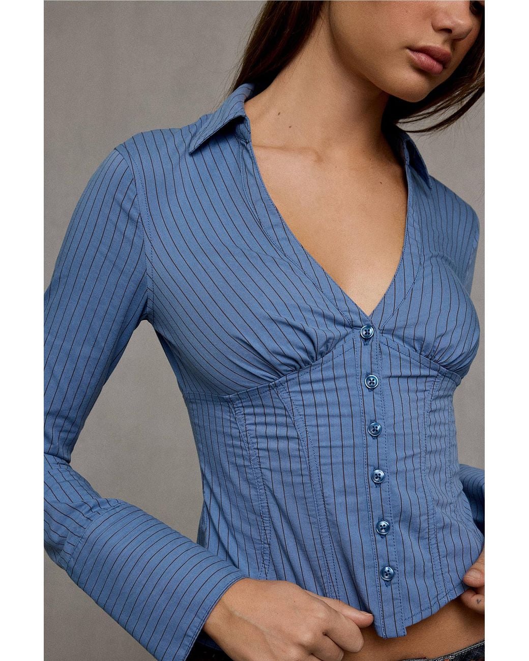 BDG Blue Aria Button-through Long Sleeve Shirt